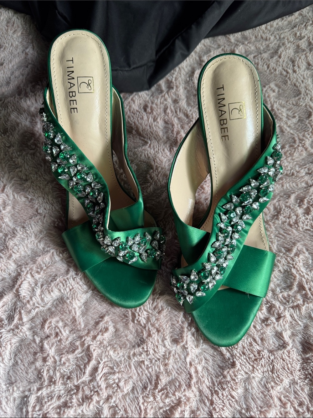 Timabee Green Crystal-Embellished Satin Slide Mules